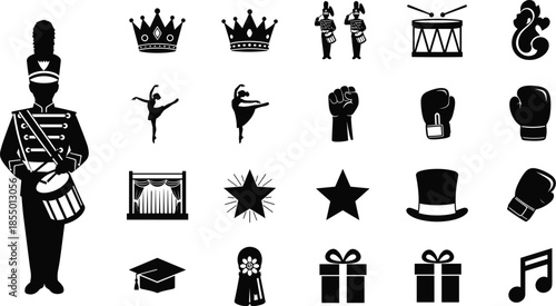 Collection of black silhouette including a drummer a marching band member crowns ballet dancers boxing gloves a hat a graduation cap a gift box and musical notes