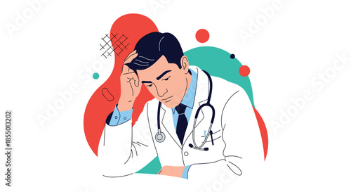 Tired male doctor in a white coat looks stressed and exhausted while resting his head on his hand in a clinic.