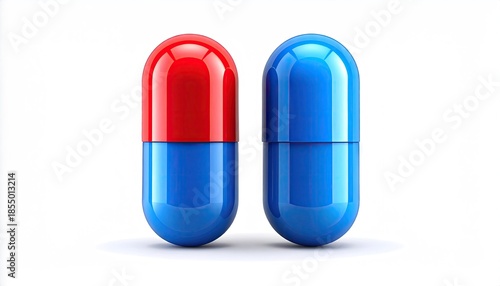 Two Pharmaceutical Capsules One Red and Blue and One Blue and Blue Isolated on White Background in Studio Lighting
