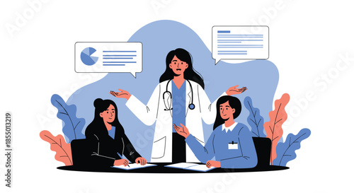 Experienced female doctor presents medical data and analytics charts to her colleagues during a team meeting.