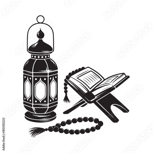 Ramadan decorations with a lantern prayer beads and an open holy book