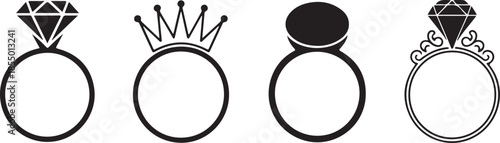 Four black silhouette engagement rings with diamonds in various designs, a minimalist vector icon set for marriage proposals, weddings, and romantic celebrations