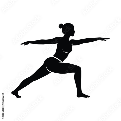 Black silhouette of woman in warrior two yoga pose virabhadrasana ii