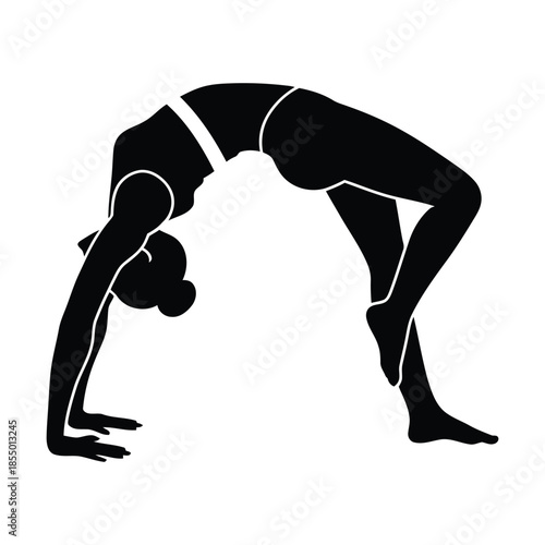 Black silhouette of a woman in a yoga bridge pose on white background exercise