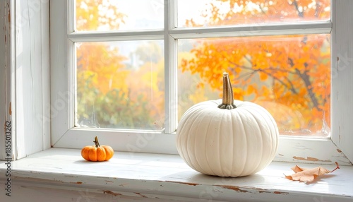 Two Pumpkins Sitting On A White Windowsill With Fall Foliage Visible Through The Window On A Rainy Day