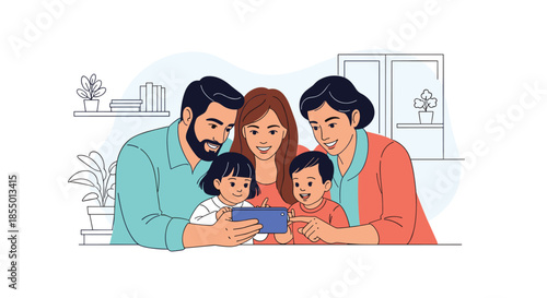 Happy family of four sits together on a couch at home and looks at a smartphone screen with smiles of joy.