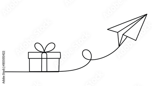 Minimal one line gift box and paper airplane illustration symbolizing surprise delivery celebration and joyful message concept isolated on white background