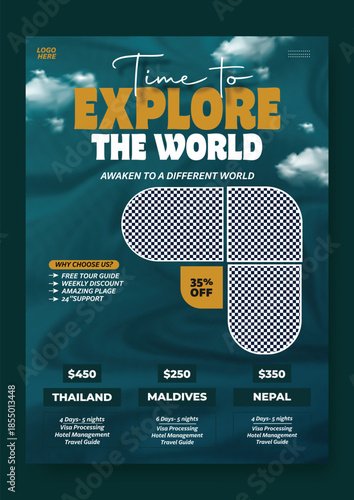 Time to Explore the World: Professional Travel Flyer and Social Media Kit,
Modern Travel Package Flyer & Social Media Post Design with 35% Discount.
Corporate Travel Agency Flyer and Square.