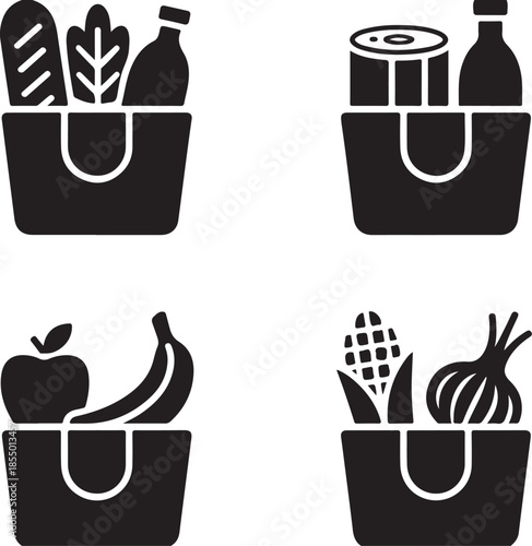 our black silhouettes of grocery bags filled with food items