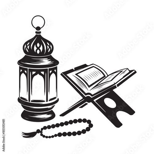 Ramadan decorations with a lantern holy book and prayer beads illustration