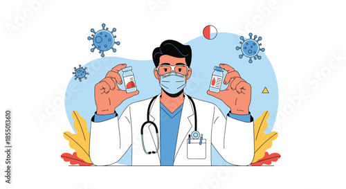 Male doctor wearing a face mask and protective gloves holds two vaccine vials for immunization in a clinic.