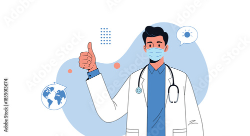 Friendly physician wearing a white lab coat and medical face mask gives a thumbs up gesture for health safety.