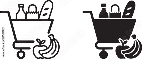 Hand drawn grocery cart filled with food and produce in silhouette and outline
