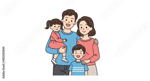 Portrait of a happy young family with two children standing together and smiling at the camera for a photograph.