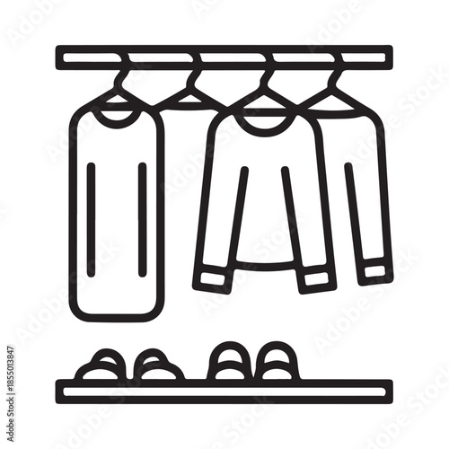 Clothes hanging on a rack with shoes below a simple line drawing