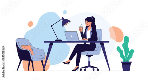 Young businesswoman sits at her desk working on a laptop while holding a cup of hot coffee in a bright office.