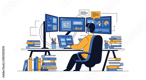 Dedicated financial analyst works at a desk with multiple monitors displaying data charts and market analytics.
