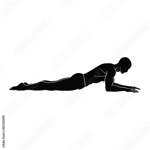 Silhouette of a man in a plank exercise pose on white background fitness