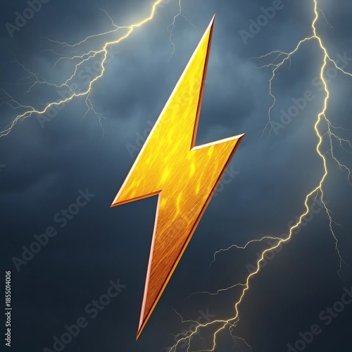 Golden 3D Lightning Bolt Against a Stormy Sky with Electric Strikes