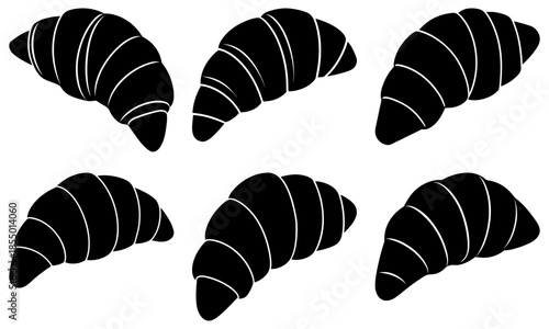 Five Black Croissants with White Lines on White Background bakery food