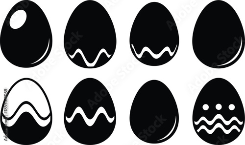 Eight black and white easter eggs with simple oval