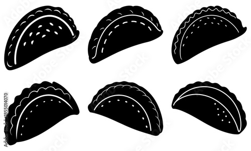 Six black tacos with white details on a transparent background food Mexican cuisine