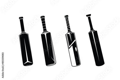 Collection of four stylized cricket bats, showcasing different designs and textures