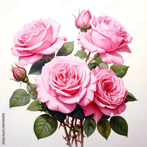 Pink roses display soft, delicate petals with green leaves on bare stems against a neutral background