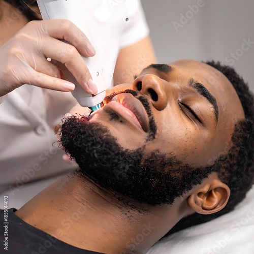 Person receiving a skin treatment; technician uses tool on face, patient is lying down with eyes closed