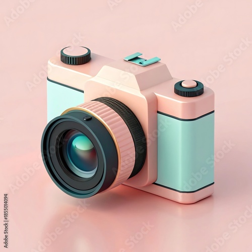 Charming 3D illustration of a vintage-style pastel pink and teal camera with a glossy lens, perfect for photography and creative themes