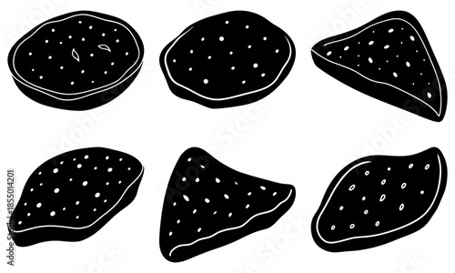 Six Black Cookies with White Sprinkles on White Background