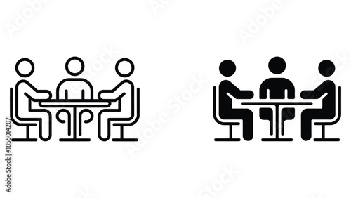 Business meeting icon set showing teamwork discussion and collaboration concept in outline and solid style isolated on white background