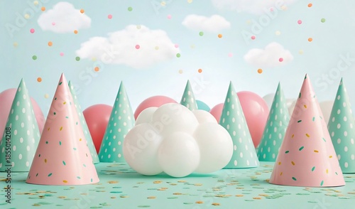 Dreamy pastel celebration background with whimsical party hats, soft balloons, a fluffy cloud, and scattered confetti, creating a joyful, gentle festive atmosphere