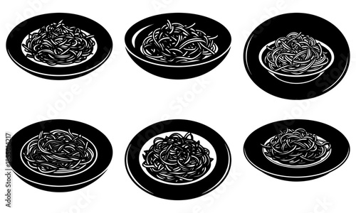 Six Plates of Spaghetti on White Background pasta food