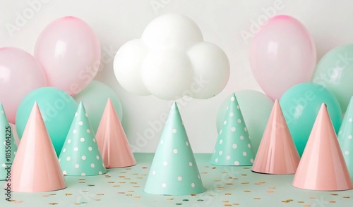 Festive party hats and balloons arranged with confetti for a celebration