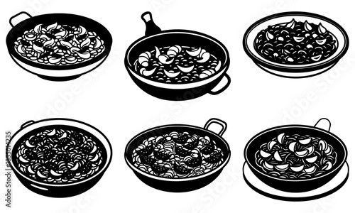 Six Black Silhouette Skillets with Food on White Background cooking