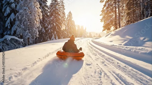 Person tubing downhill on snow-covered forest path during golden hour sunset