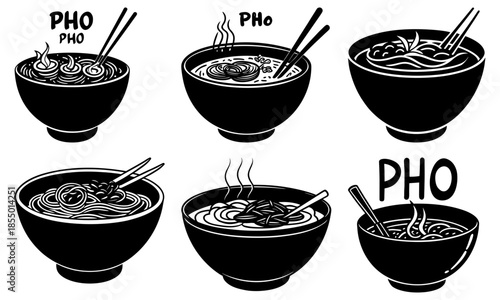 Six Bowls of Pho Noodle Soup with Chopsticks on White Background black and white