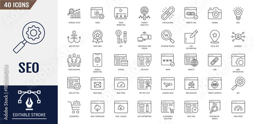 Seo icon set. Search Engine Optimization icon set. Business and marketing, traffic, ranking, optimization, link and keyword and more. Vector illustration