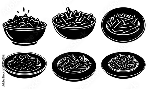 Six Bowls and Plates with Chopped Food on White Background black and white silhouette