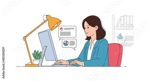 Focused professional woman works diligently on her desktop computer at a well-lit desk with a lamp and plants.