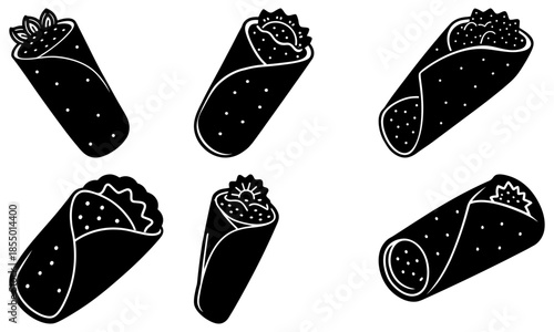 Five Black Burritos with White Dots and Flowers on White Background food Mexican