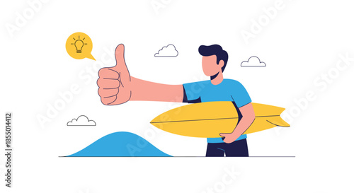 Enthusiastic male surfer carries a yellow surfboard and gives a large thumbs up with a floating lightbulb idea icon.