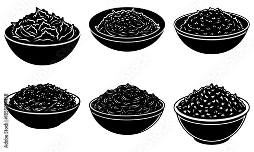 Six Bowls of Pasta with Sauce on White Background food Italian cuisine