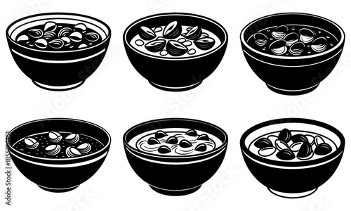 Six Bowls of Congee with Various Toppings on White Background food soup