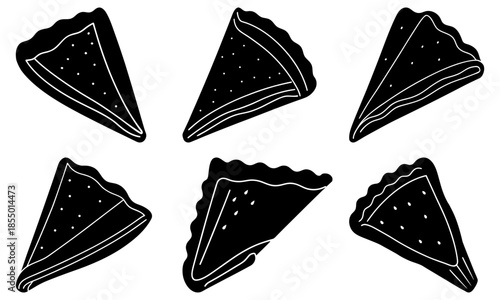 Six Black and White Pizza Slices with Dots on a Transparent Background food