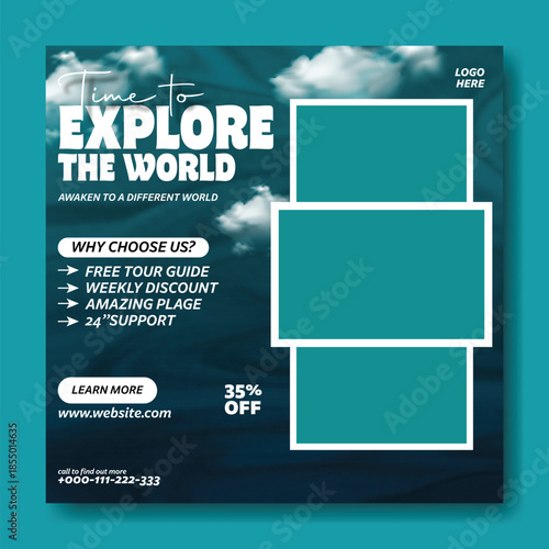 Time to Explore the World: Professional Travel Flyer and Social Media Kit,
Modern Travel Package Flyer & Social Media Post Design with 35% Discount.
Corporate Travel Agency Flyer and Square.