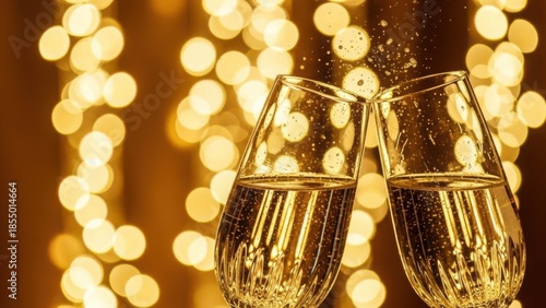 Two champagne glasses clinking in a toast against golden bokeh lights. Sparkling wine flutes with bubbles and splash. Celebration concept for New Year or Christmas party