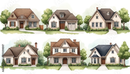 Wallpaper Mural Watercolor illustrations of suburban houses show diverse styles. Buildings have well-kept yards and soft color tones. Ideal for real estate or neighborhood themes. Torontodigital.ca