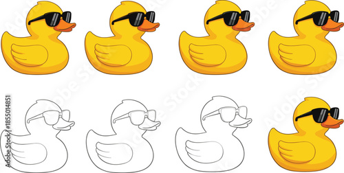 Four yellow rubber ducks wearing black sunglasses and three line rubber ducks wearing sunglasses